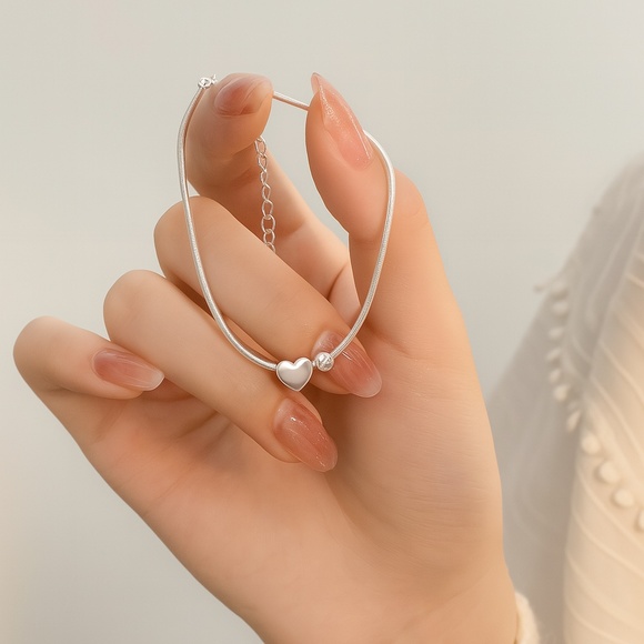 Minimalist Sterling Silver Heart Bracelet – Dainty Adjustable - Picture 4 of 5